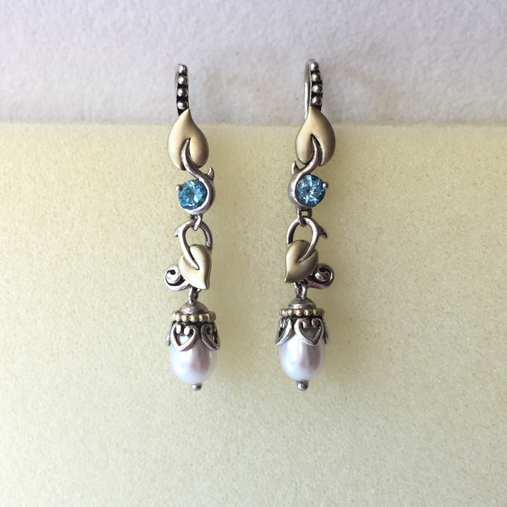Barbara Bixby Blue Topaz 18K Gold Vine Leave Cultured Pearl Heart Earrings